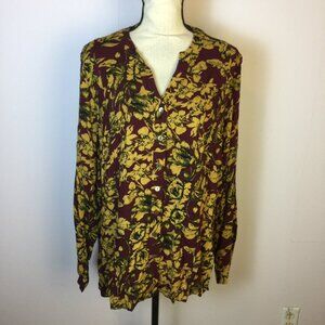 Soft Surroundings Tunic Shirt Top XL Womans Red Yellow Floral Button Up Rayon